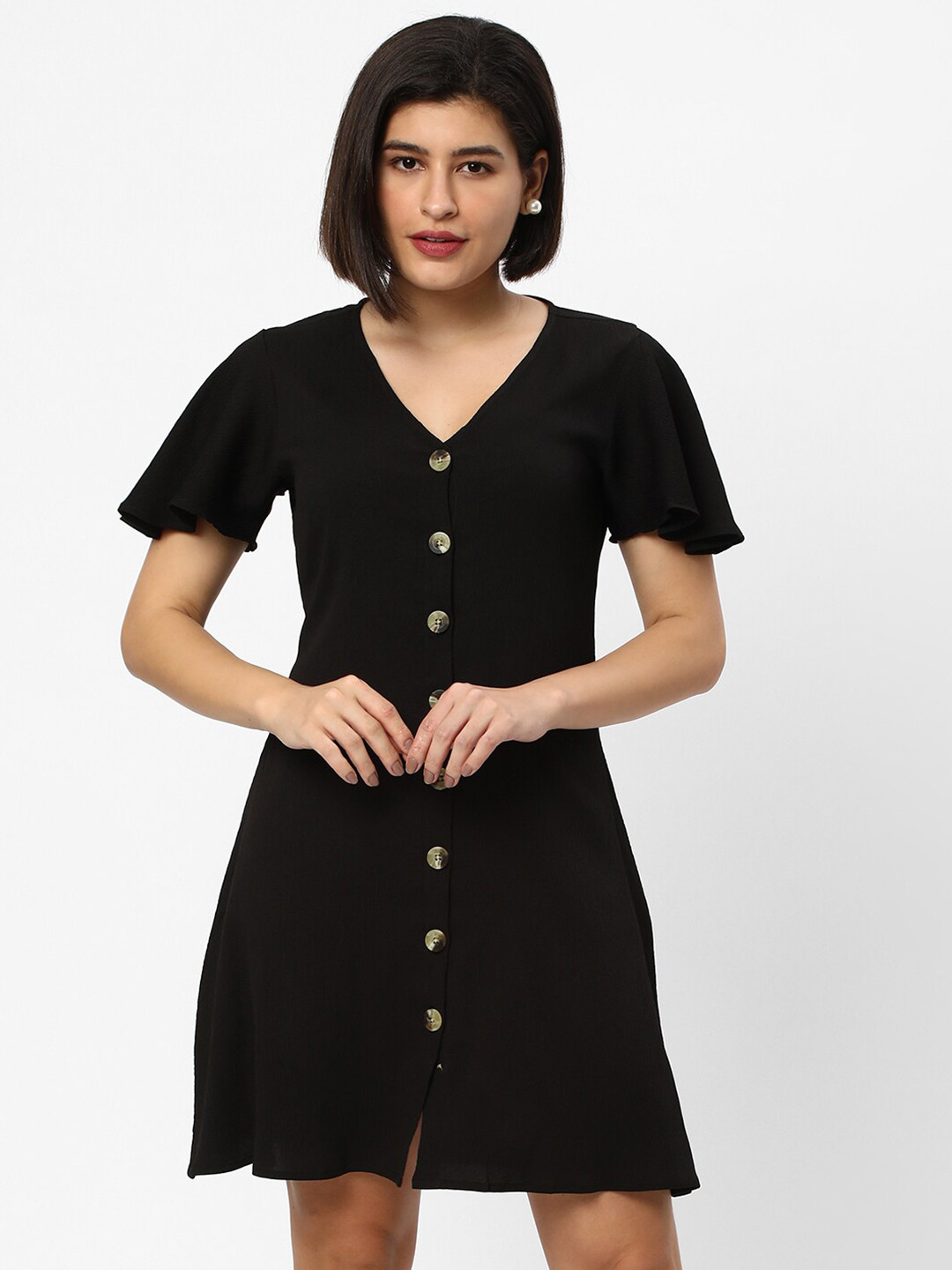 R&B Black V-Neck Flared Sleeves A-Line Dress
