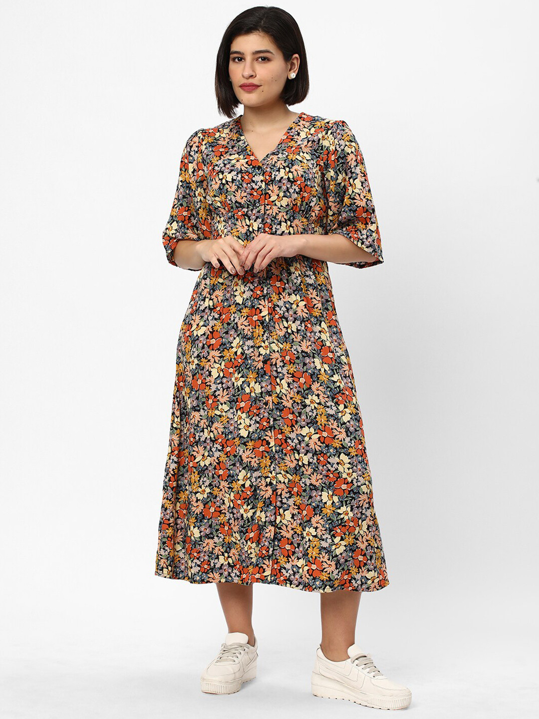 R&B Black Floral Printed Flared Sleeve A-Line Dress