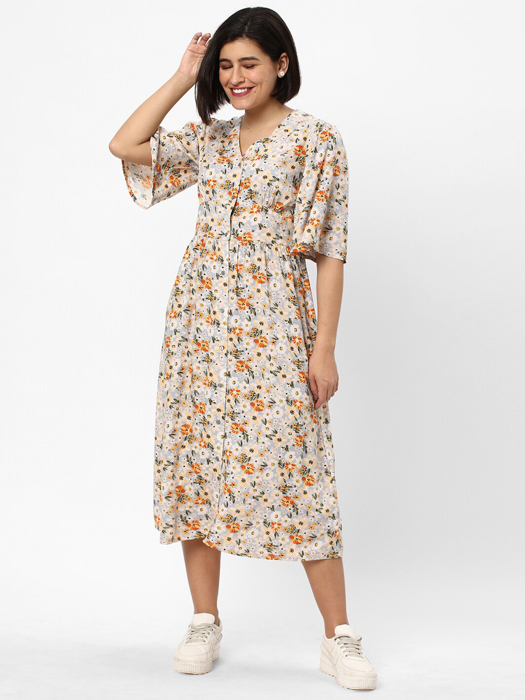 R&B Blue Floral Printed Flared Sleeve A-Line Dress