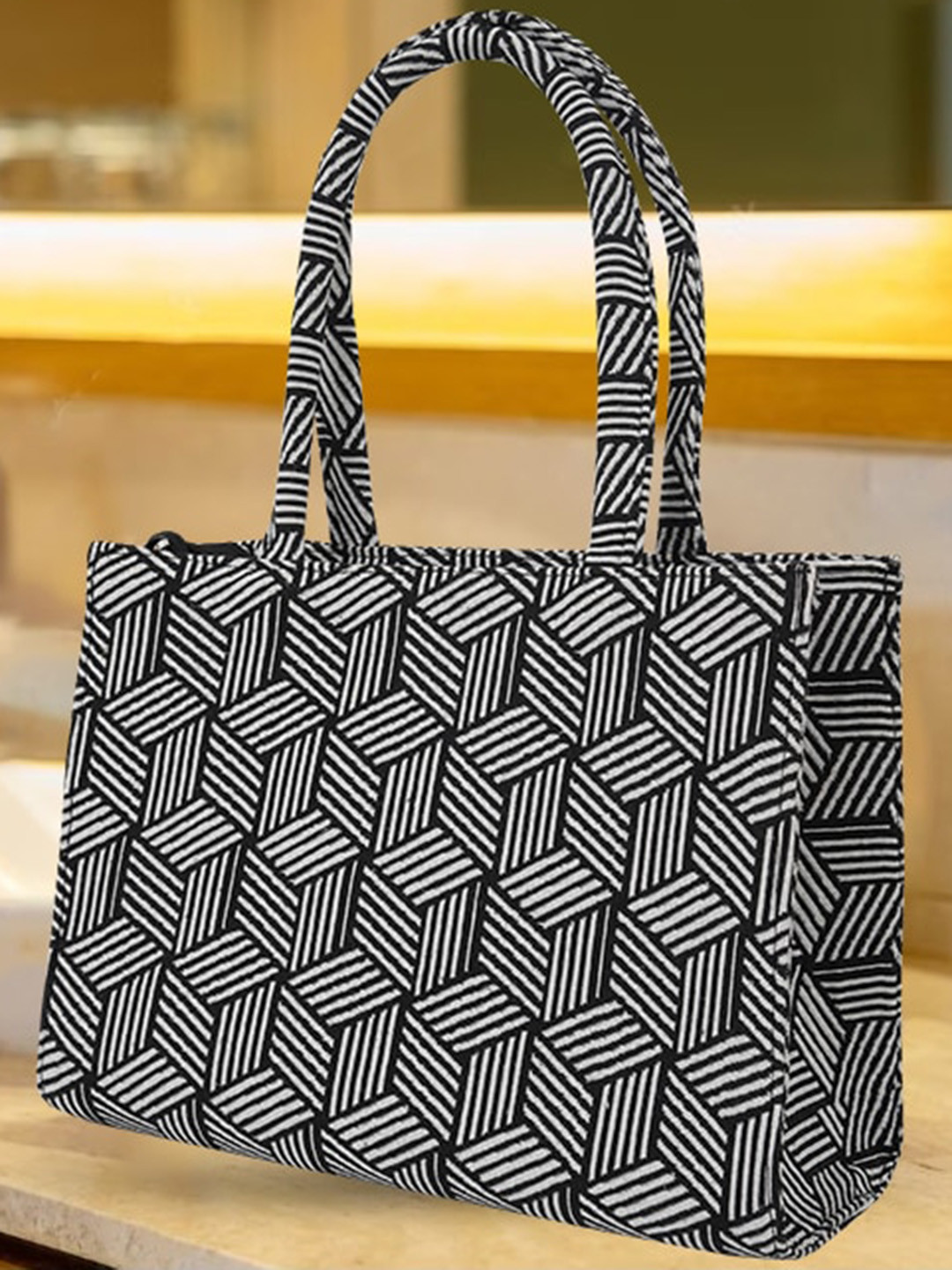 LEKHX Geometric Printed Structured Oversized Water Resistance Canvas Tote Bag