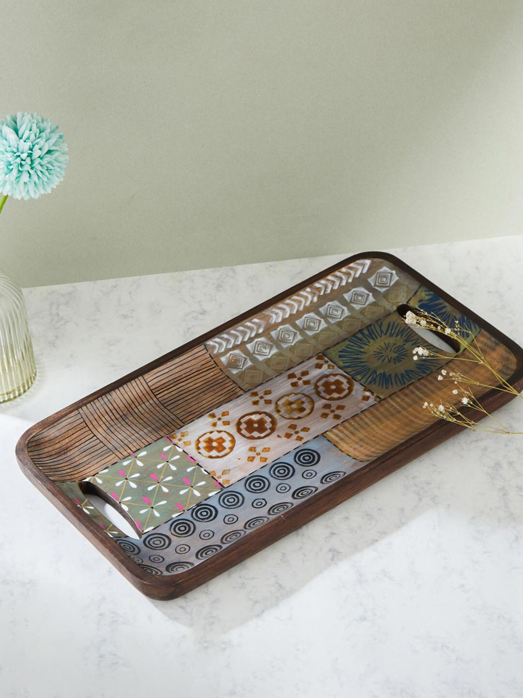 Fabindia Brown Earth Files Wood Enamelled Tray