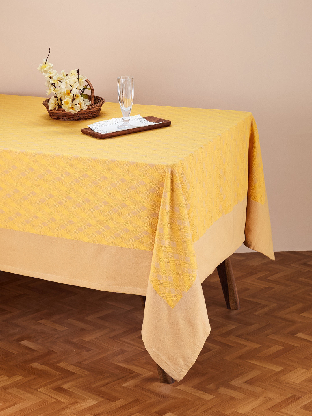 Fabindia Mustard Yellow Self-Design Cotton Rectangular 4-Seater Table Cover