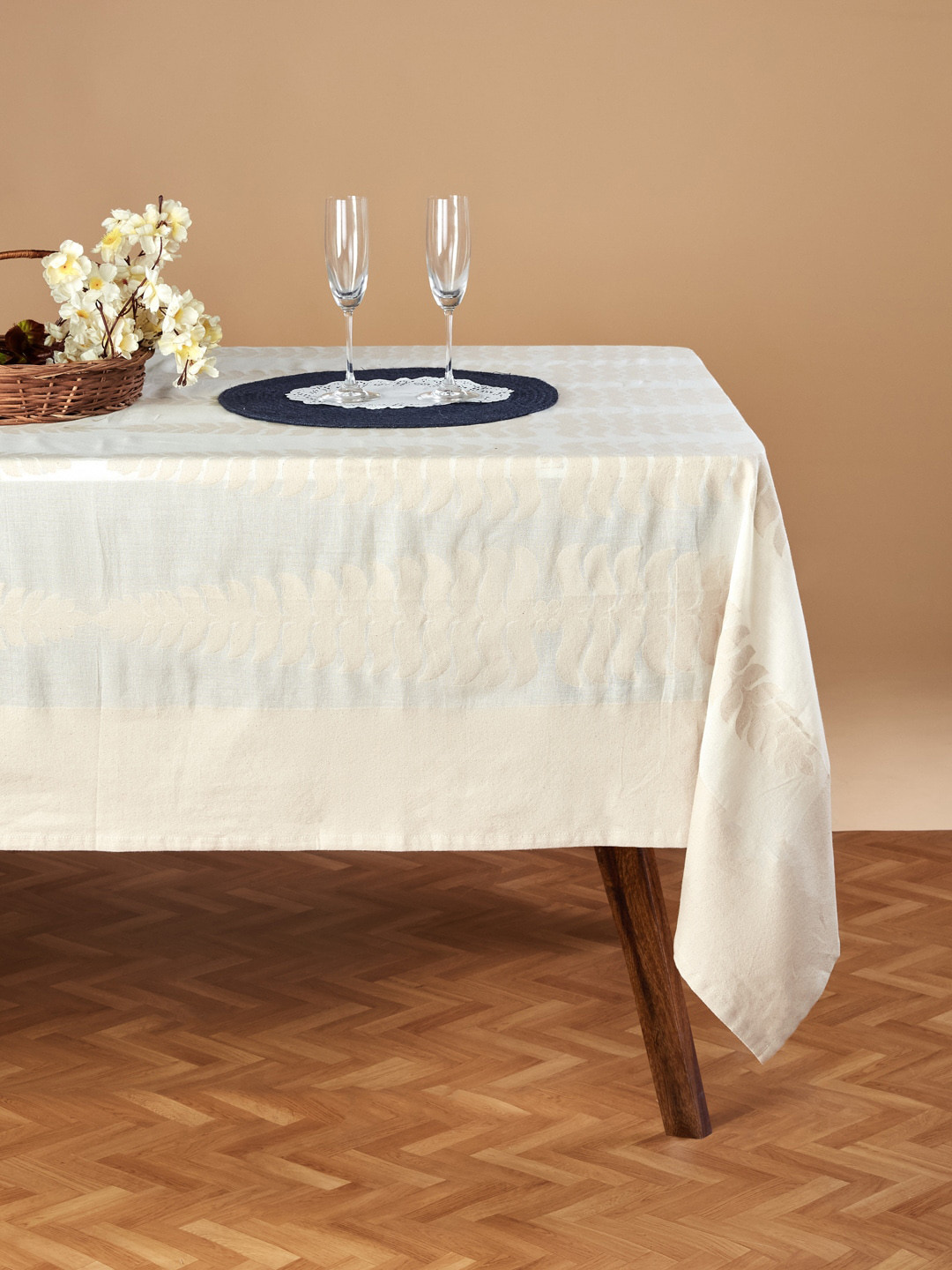 Fabindia Off White Self-Design Cotton Rectangular 4-Seater Table Cover