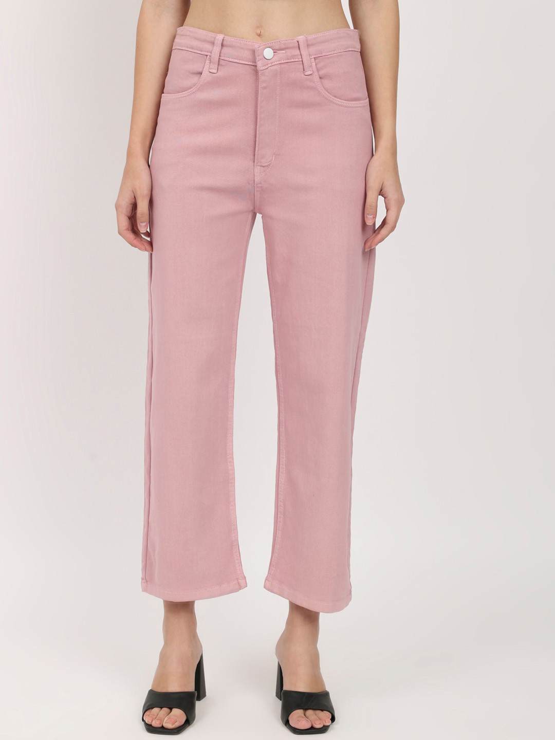 AngelFab Women Pink Jean Straight Fit High-Rise Stretchable Cotton Jeans