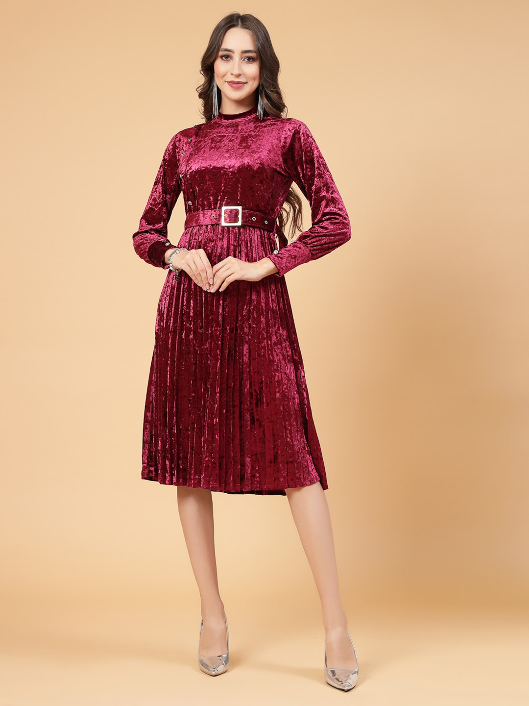 Mafadeny Pleated A-Line Dress Comes With A Belt