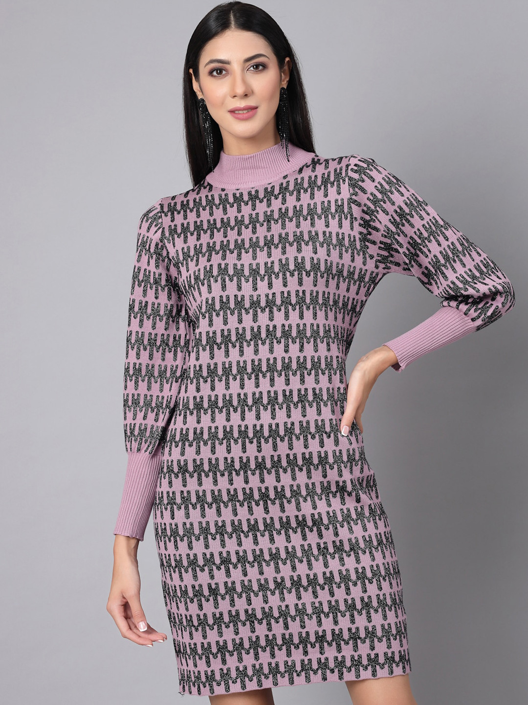 Mafadeny Geometric Printed High Neck Cuffed Sleeves T-shirt Dresses