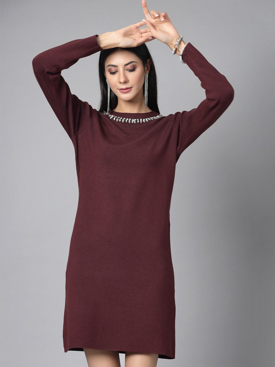 Mafadeny Round Neck Beads And Stones A-Line Dress