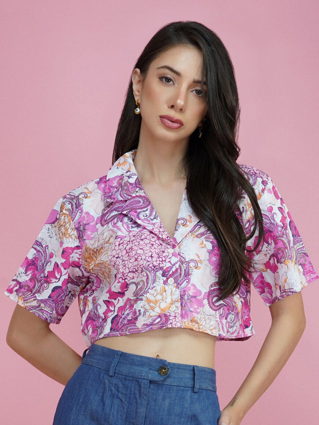 DELAN Floral Printed Linen Shirt Style Crop Top