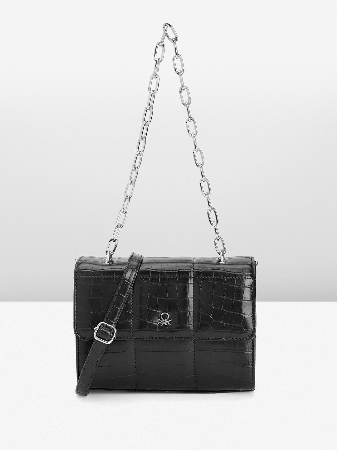 United Colors of Benetton Crocodile Textured & Checked PU Structured Satchel