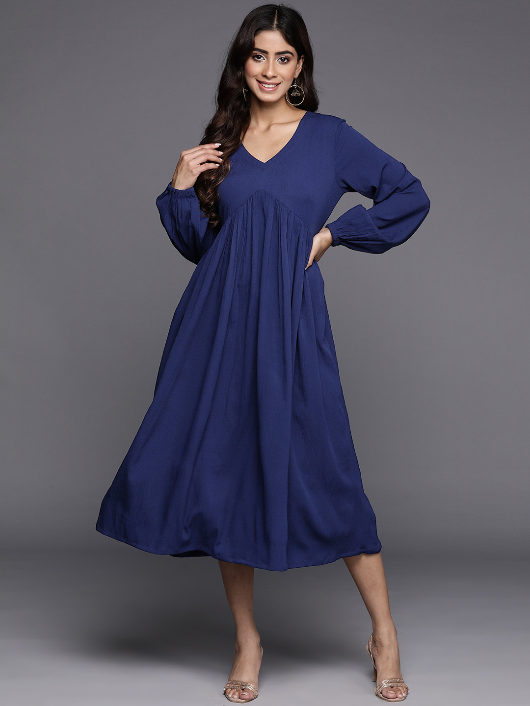 Varanga Blue Alia Cut Textured Puff Sleeve A line Alia cut Midi Dress