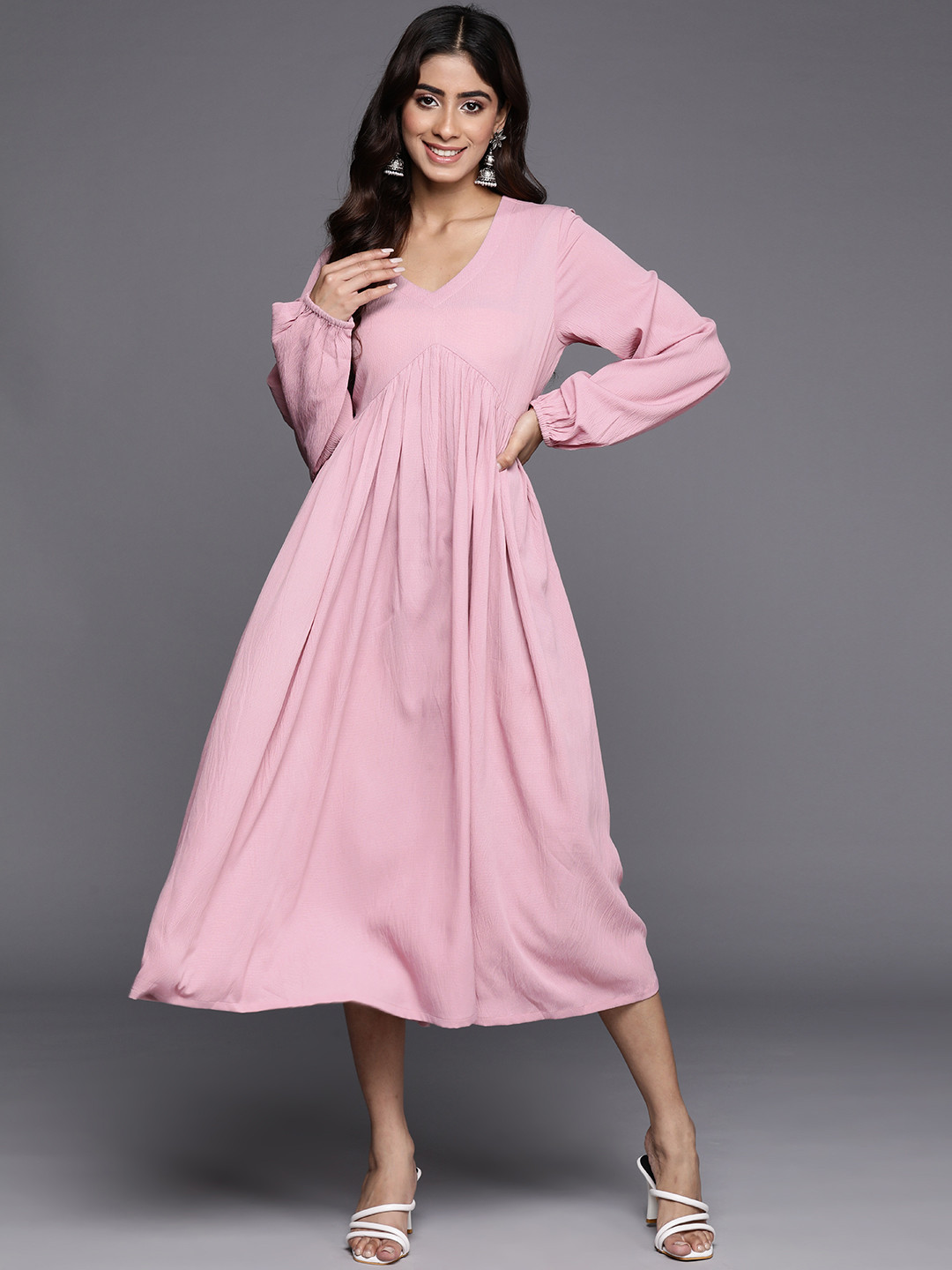 Varanga Pink V-Neck Gathered or Pleated Puffed Sleeve Alia cut A-Line Midi Dress