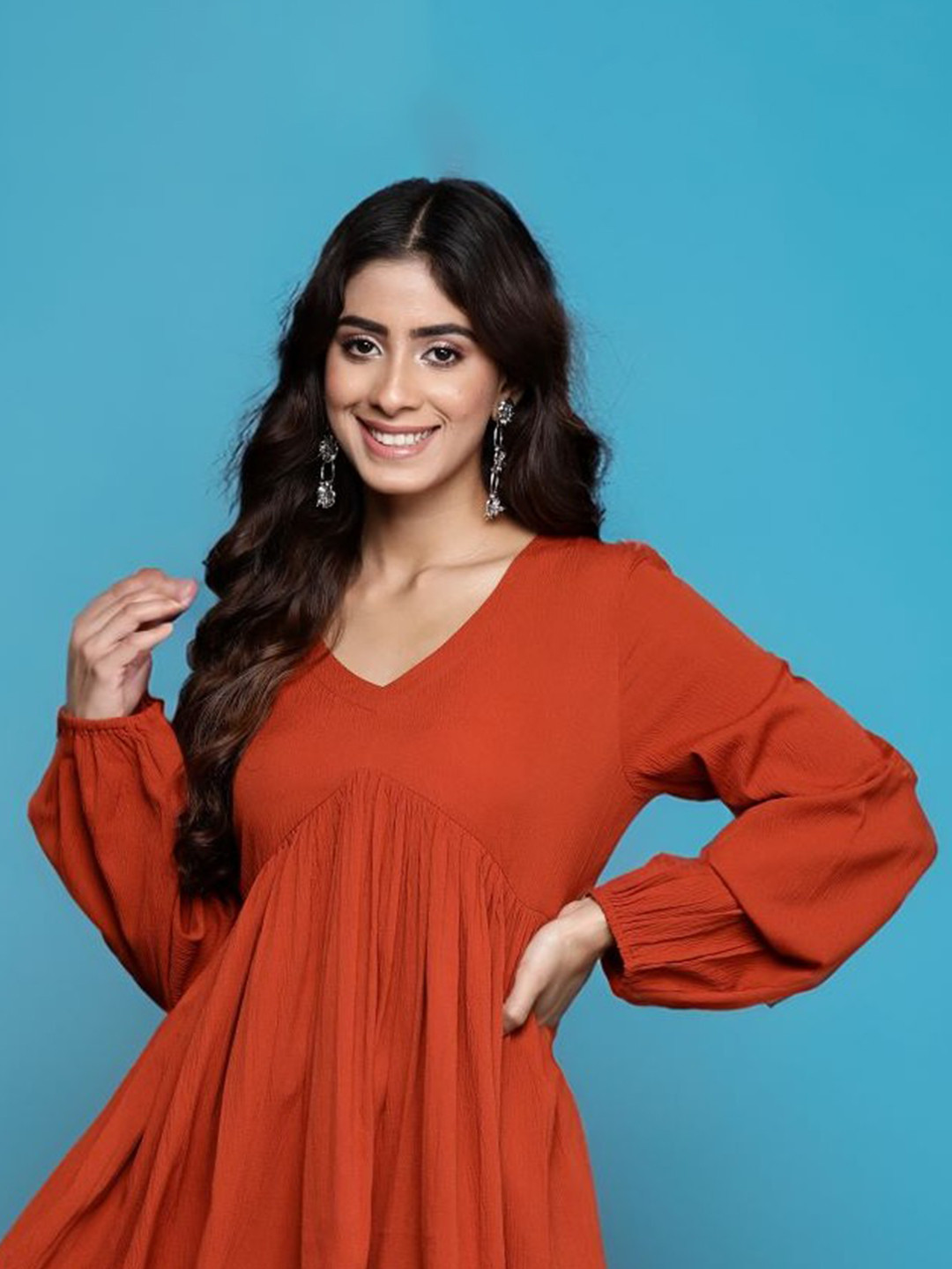 Varanga Rust Alia Cut Puff Sleeve A line Midi Dress