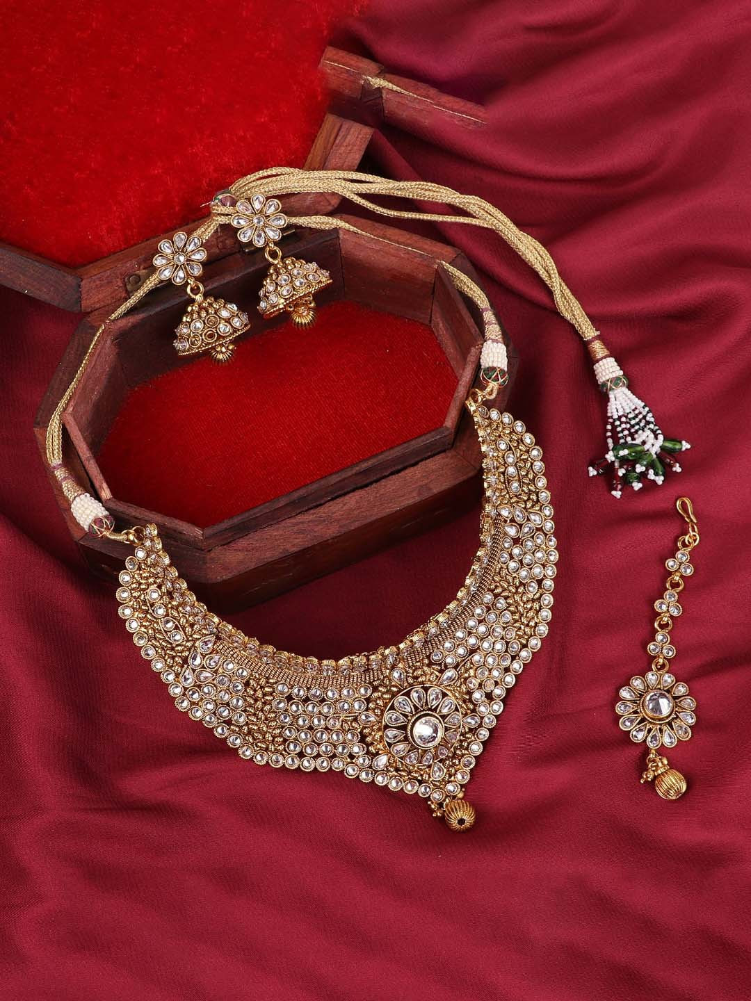 FIROZA Gold-Plated Crystal-Studded Necklace & Earrings With Maang Tika