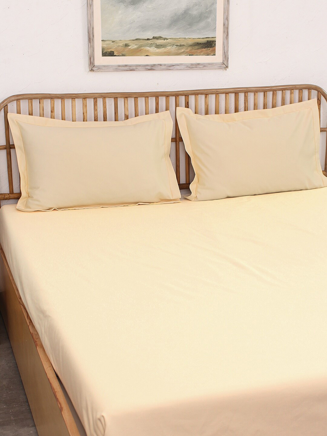 House This Ginger Beige Cotton 600 TC Fitted Queen Superfine Bedsheet with 2 Pillow Covers-72 x 75 inches