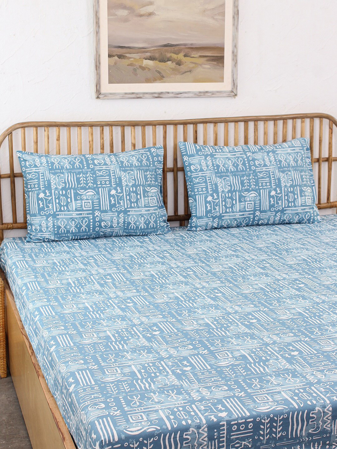 House This Alyssa Blue Ethnic Motifs Cotton 144 TC Queen Bedsheet with 2 Pillow Covers-90 x 108 inches
