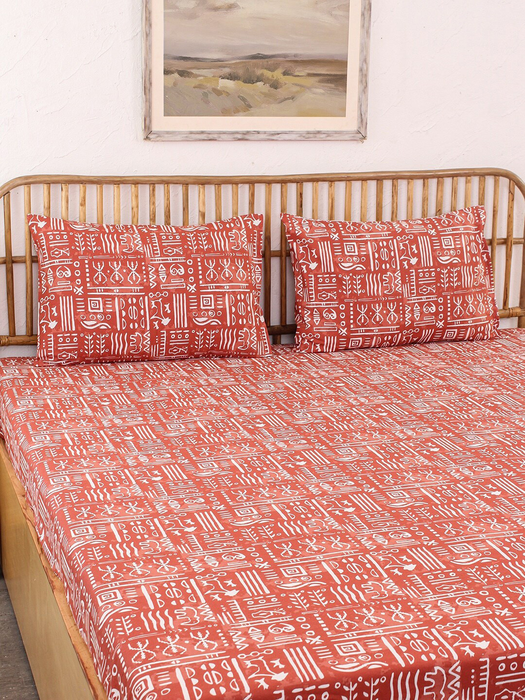 House This Gamathi Rust Abstract Cotton 144 TC Double Bedsheet with 2 Pillow Covers-108 x 108 inches