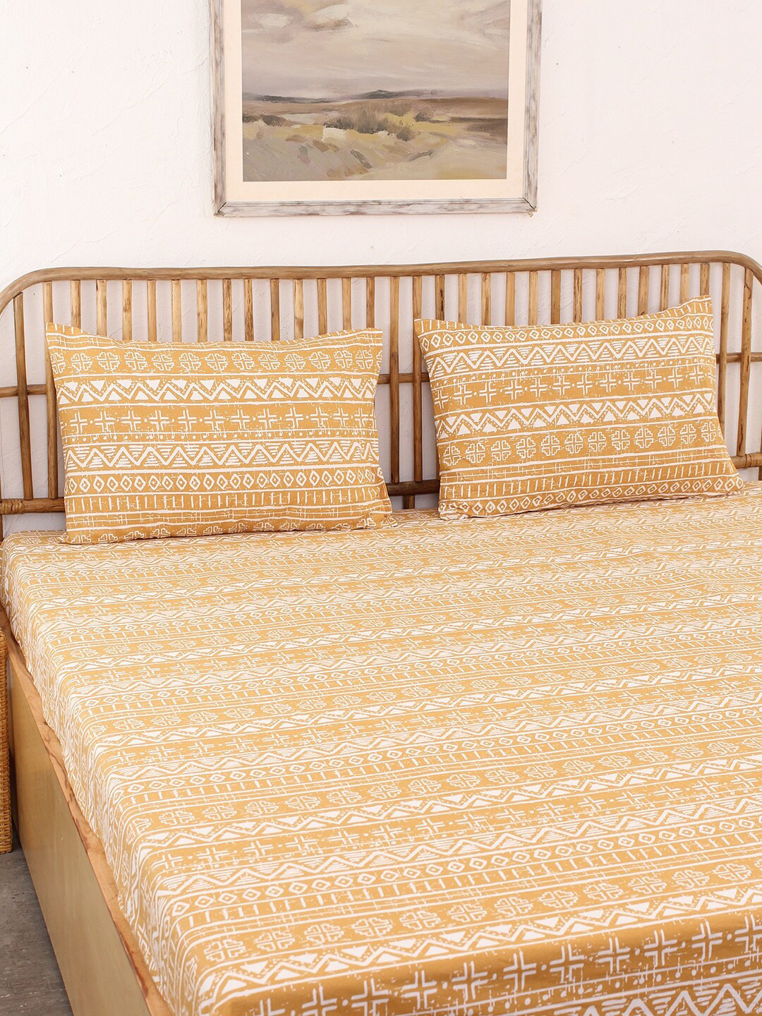 House This Kullu Patti Yellow Geometric Cotton 144 TC Queen Bedsheet with 2 Pillow Covers-182 x 190 x 25 cm