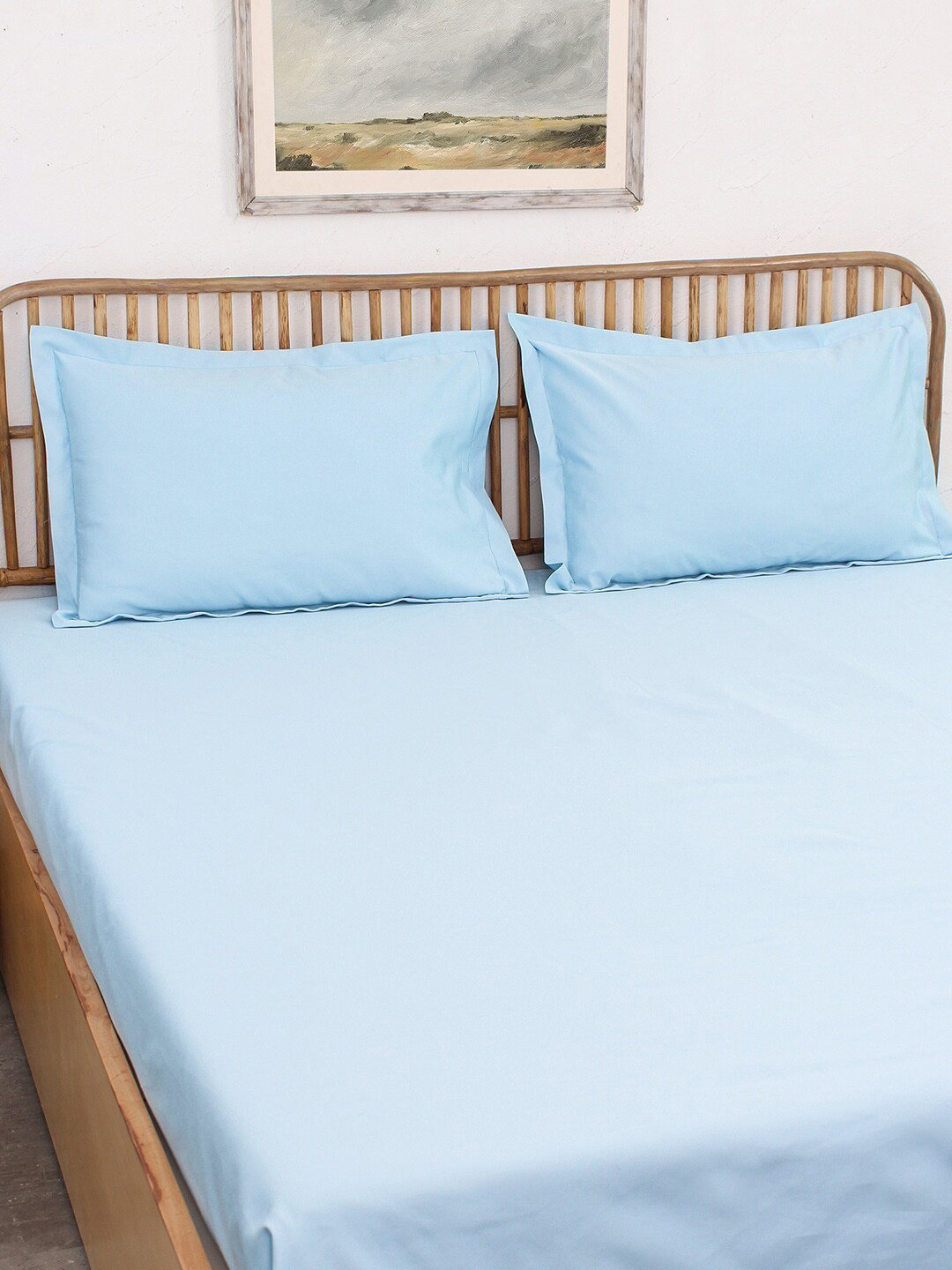 House This Juniper Blue Solid Cotton 600 TC Fitted Queen Superfine Bedsheet with 2 Pillow Covers-182 x 190 x 20 cm