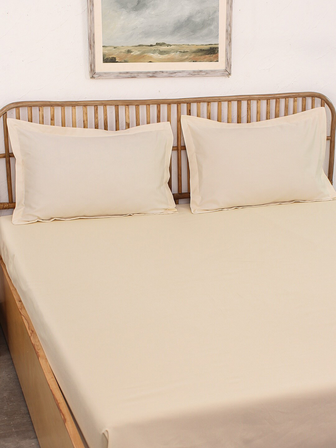 House This Sesame Off White Cotton 600 TC Queen Superfine Bedsheet with 2 Pillow Covers-90 x 108 inches