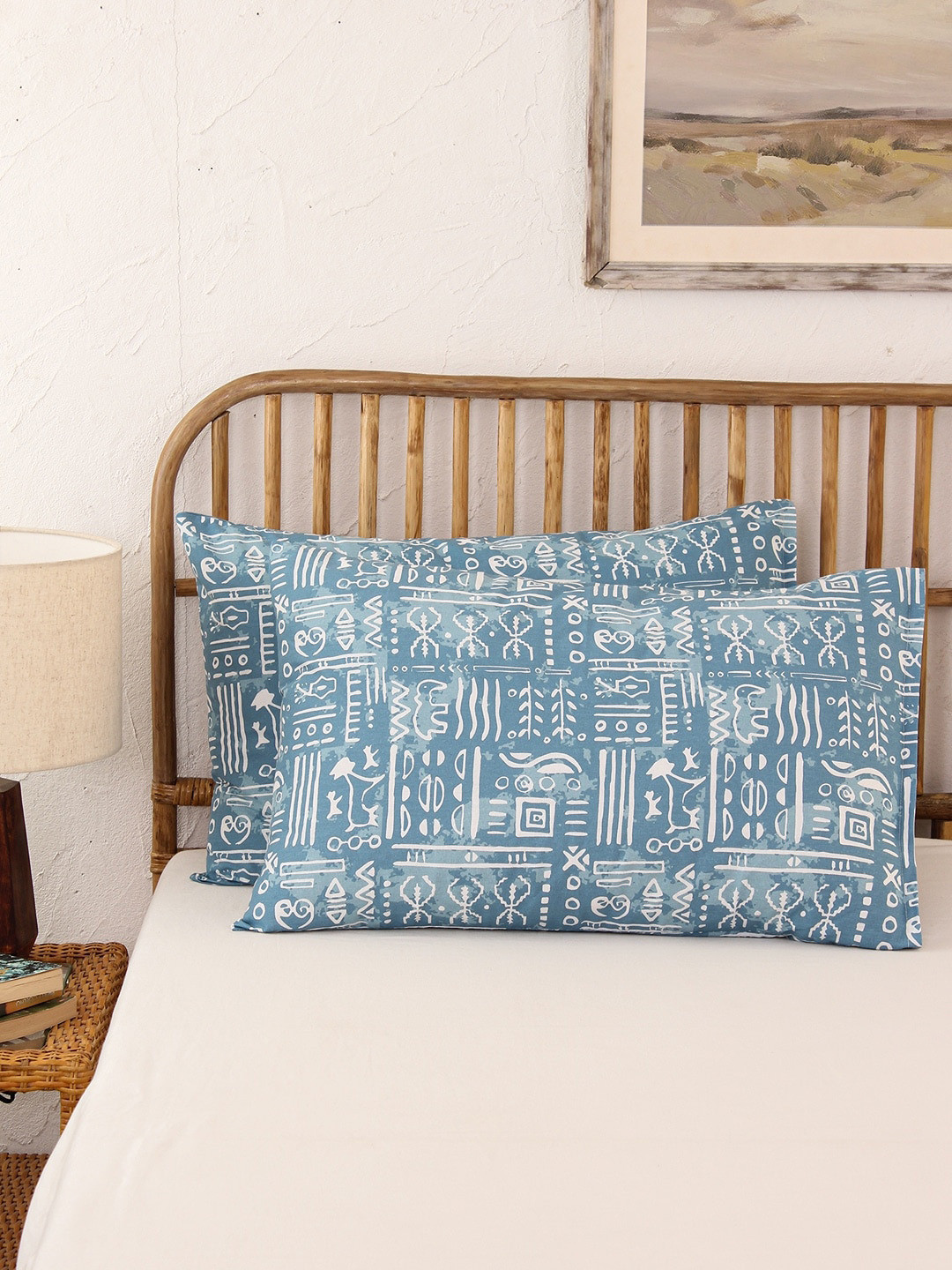 House This Gamathi Blue & White 2 Pieces Abstract Printed Pure Cotton Pillow Covers