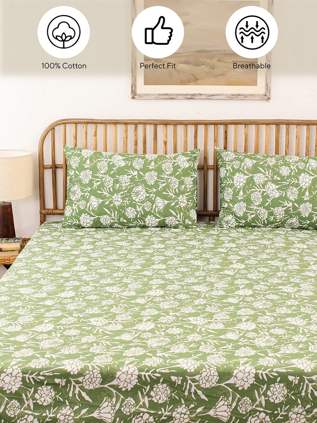 House This Genda Phool Green & White 2 Pieces Printed Pure Cotton Pillow Covers