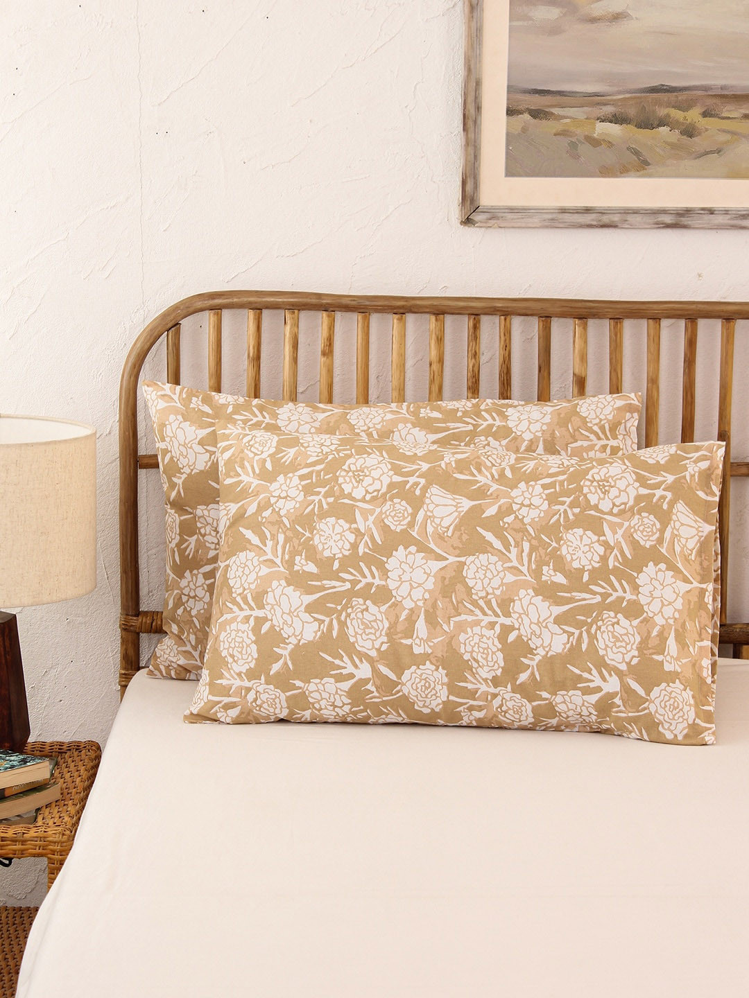 House This Genda Phool Beige & White 2 Pieces Printed Pure Cotton Pillow Covers