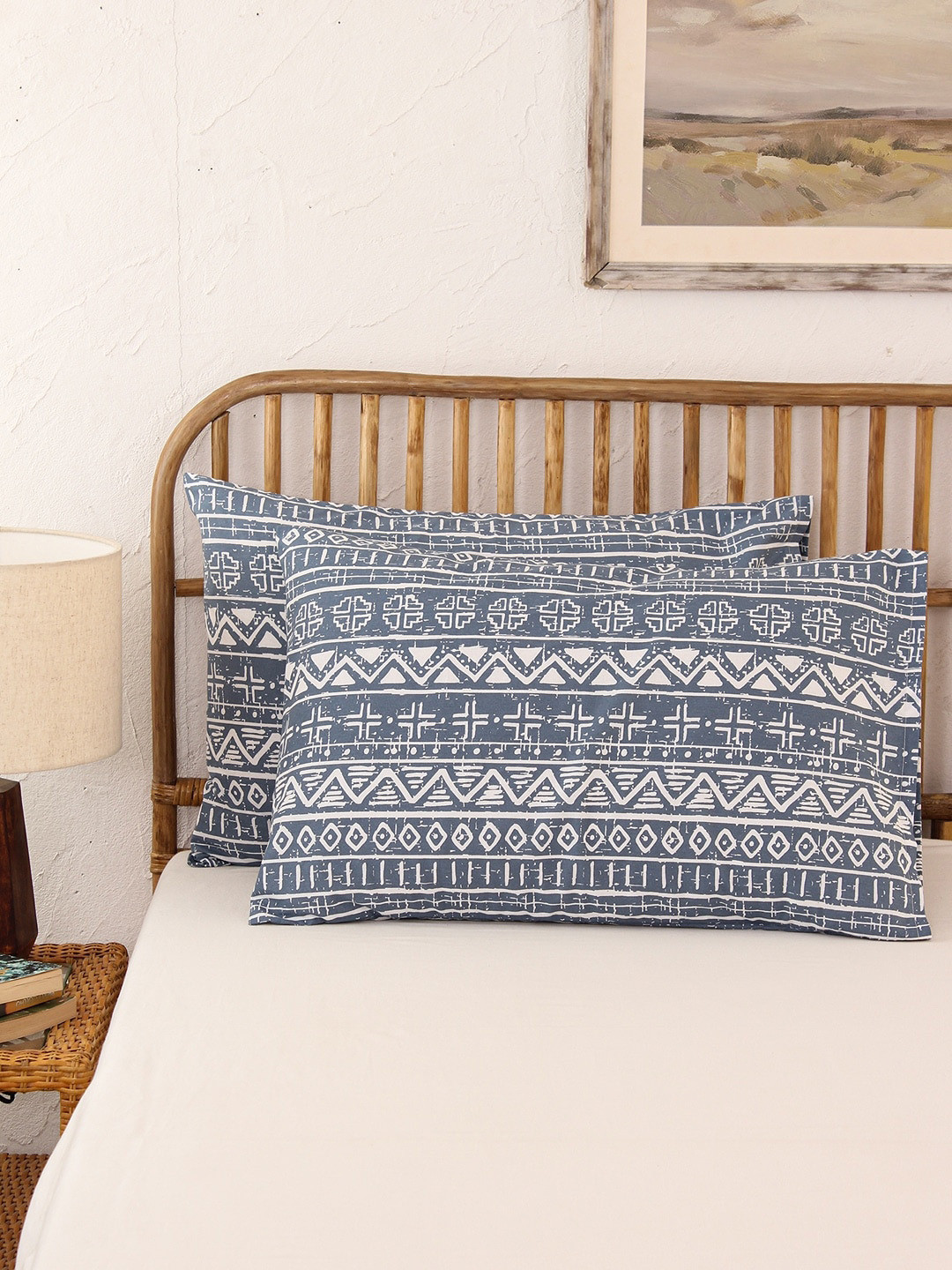 House This Kullu Patti Blue & White 2 Pieces Abstract Printed Pure Cotton Pillow Covers