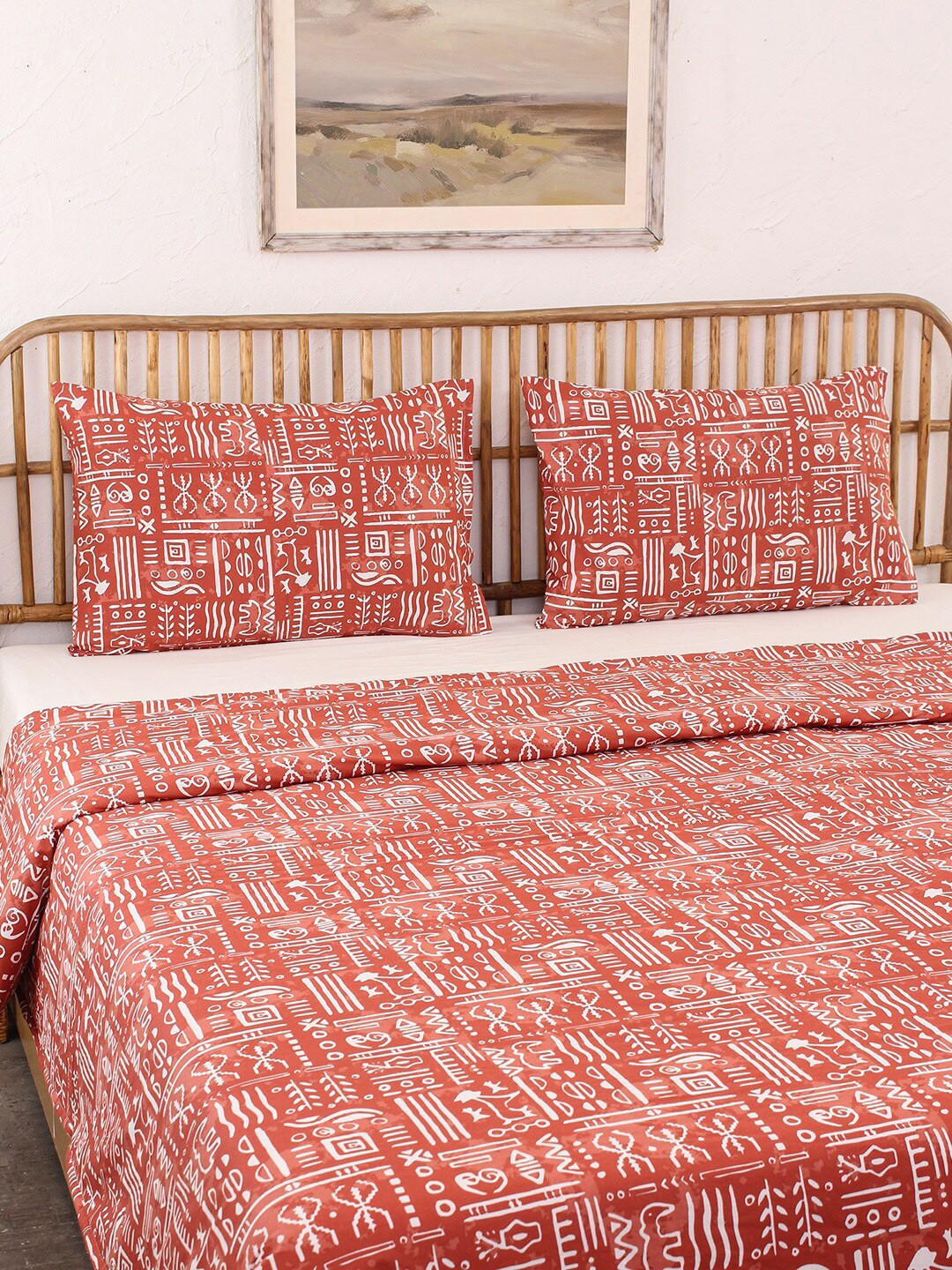 House This Gamathi Rust & White Ethnic Motifs Cotton AC Room Double Bed Dohar