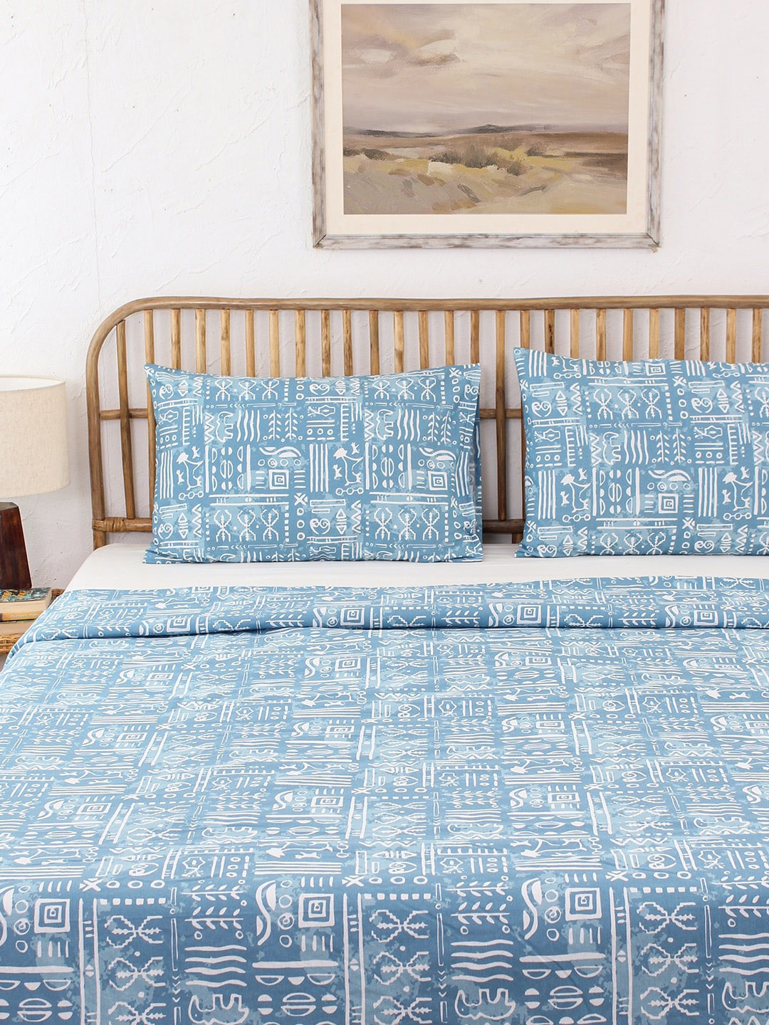House This Gamathi Blue & White Printed 144 TC Pure Cotton Double Duvet Cover