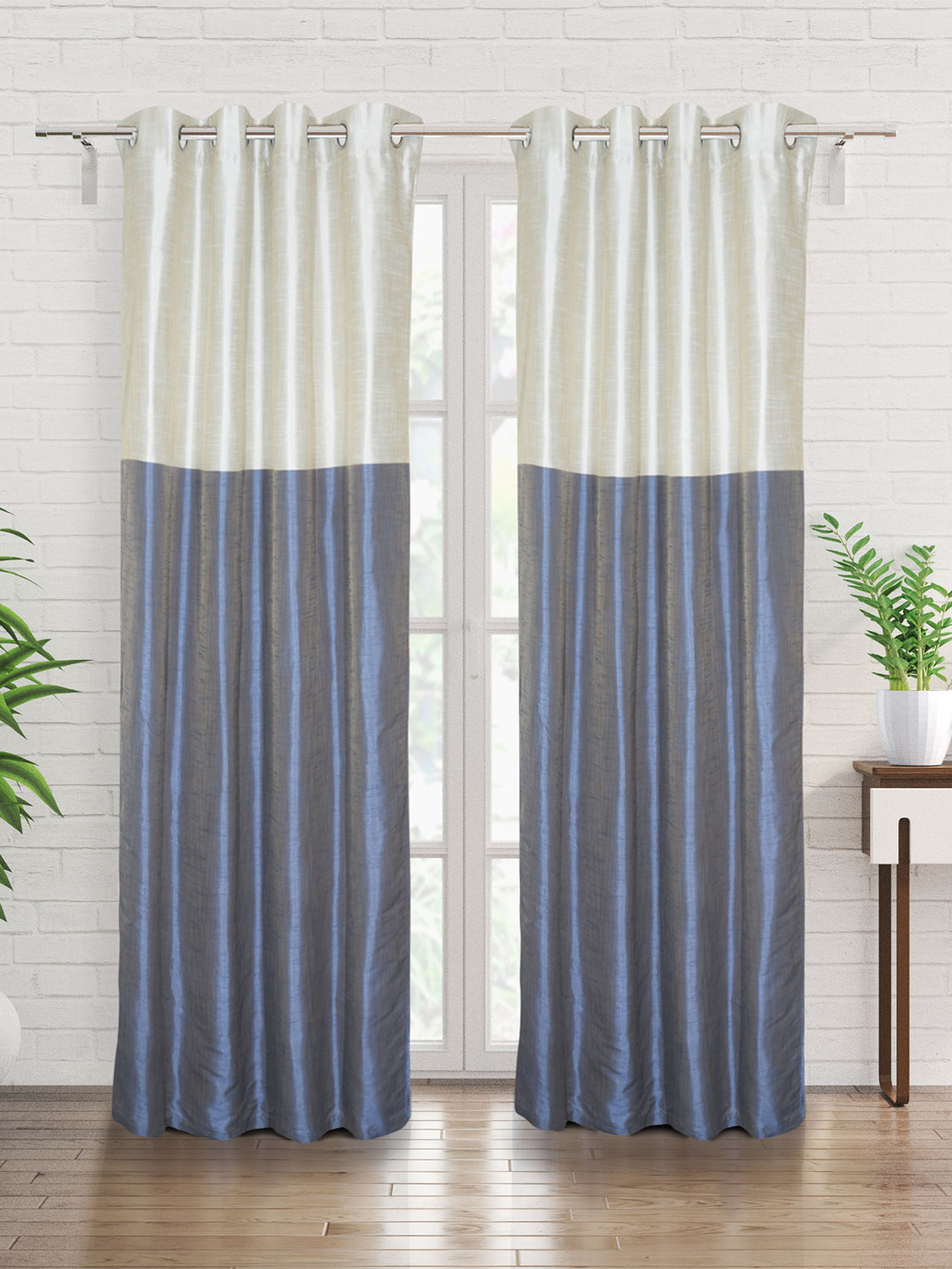 Home Centre Blue & White 2 Pieces Colourblocked Door Curtains