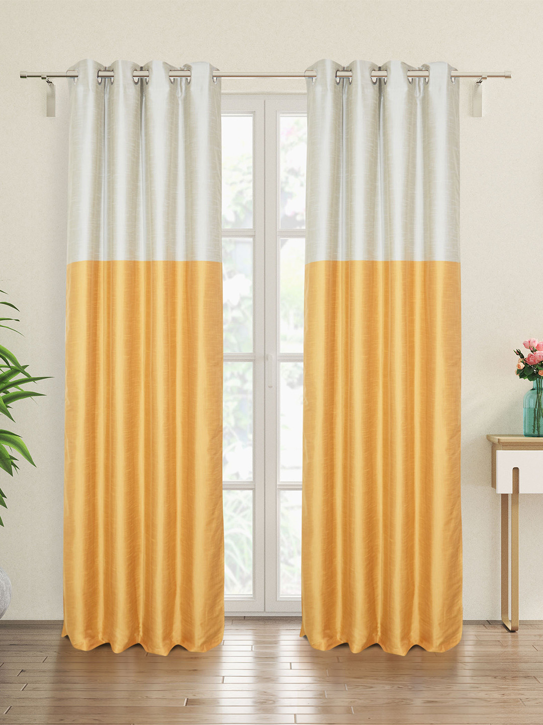 Home Centre Contempo Yellow 2 Pieces Colourblocked Room Darkening Door Curtains
