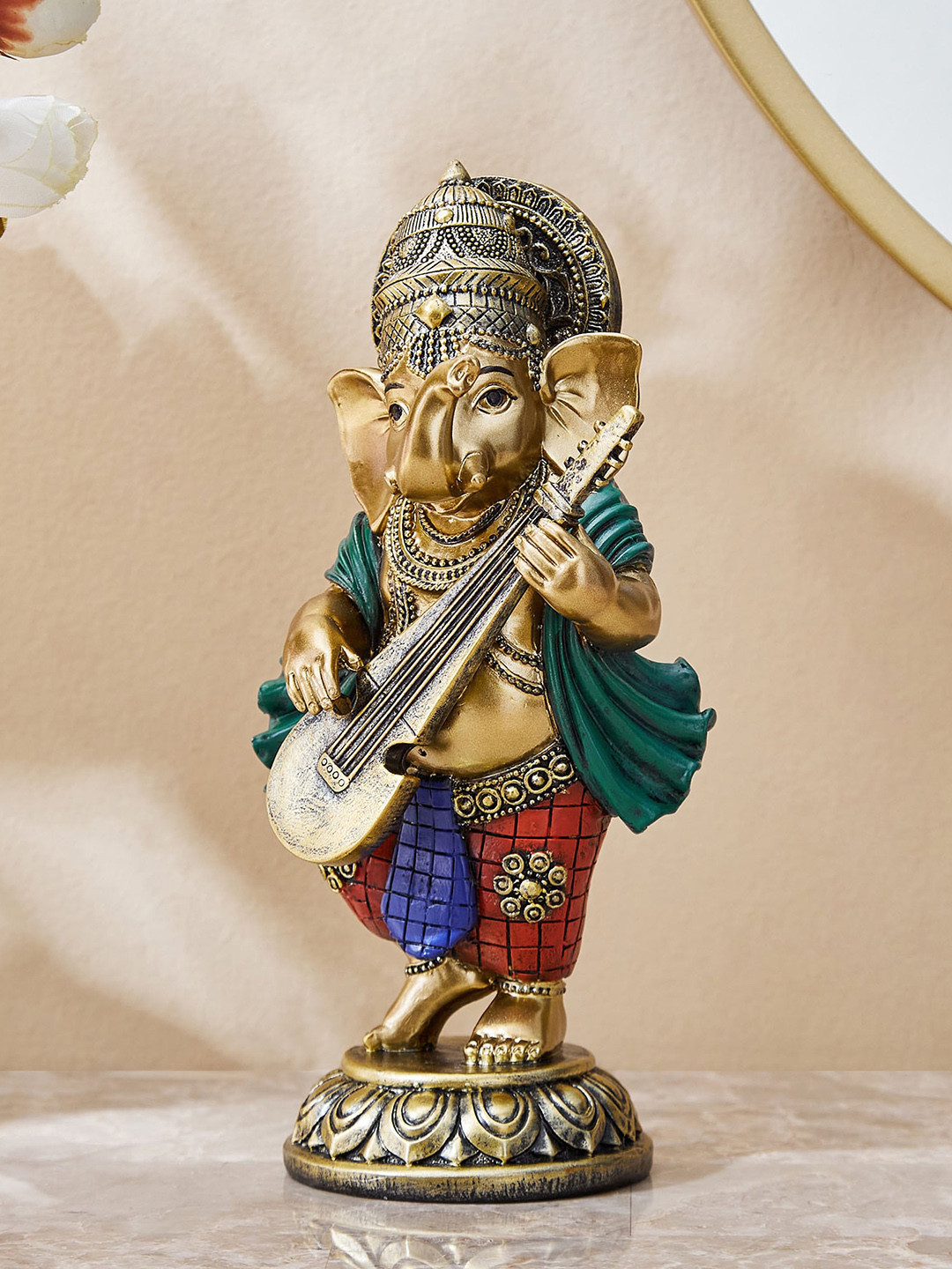 Home Centre Ganesha with Veena Gold Polyresin Natural Prayer Room Small Showpiece - 7.9 Inches