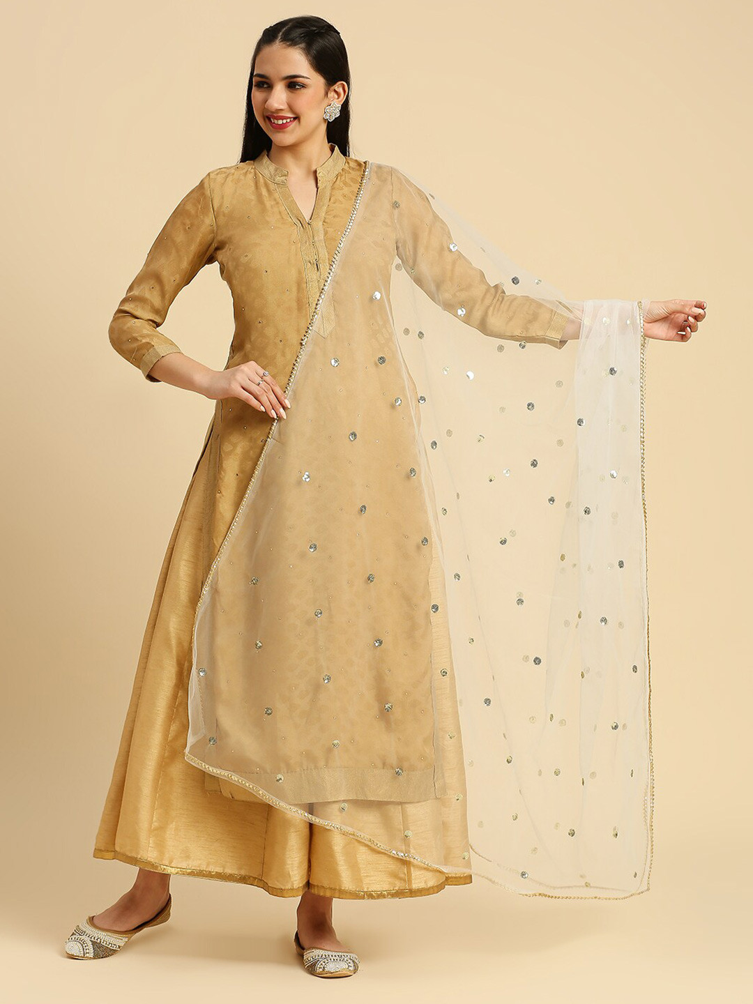Dupatta Bazaar Geometric Embroidered Sequinned Detailed Net Dupatta