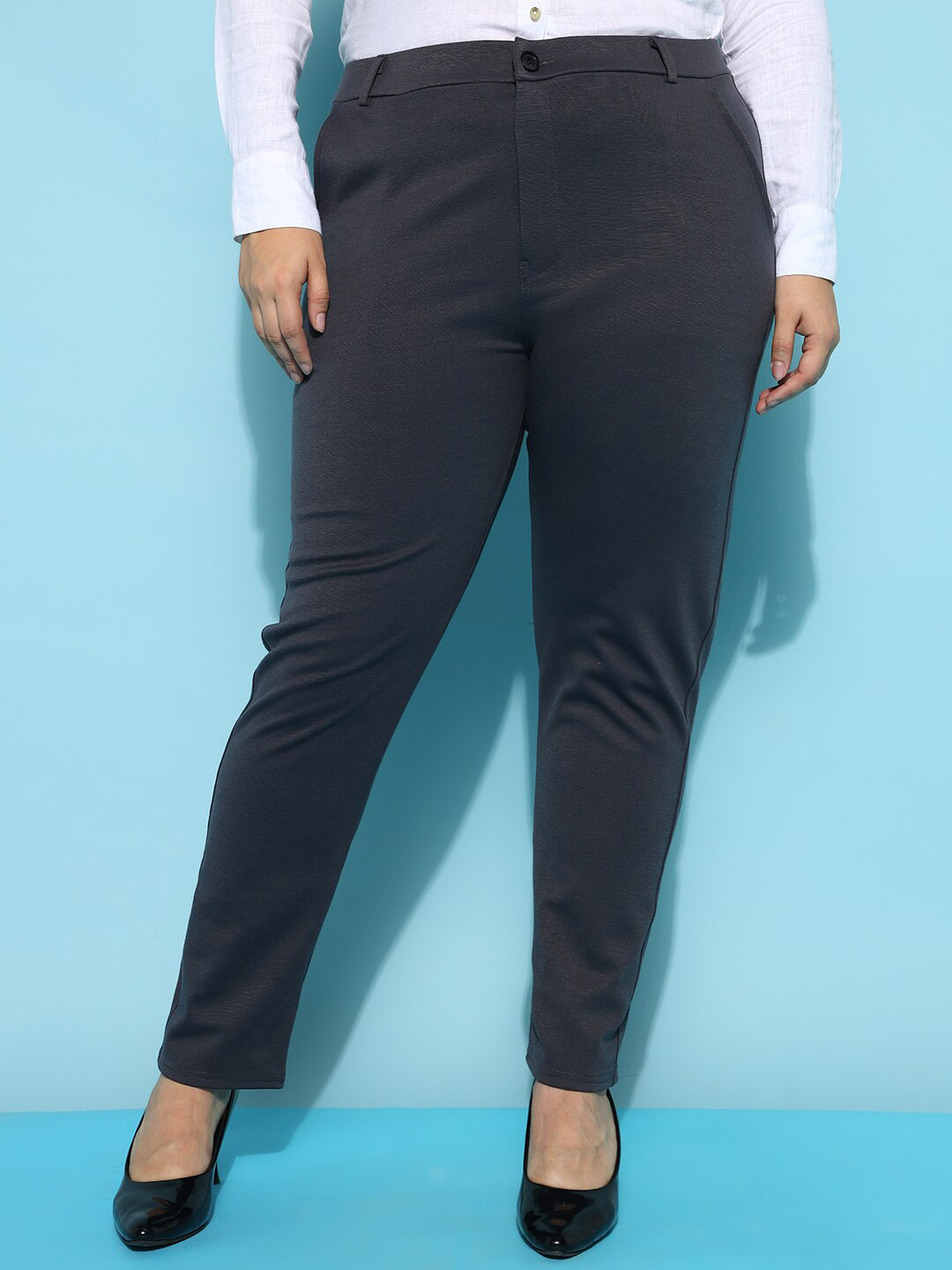 FITHUB Women Sharp Slim Fit High-Rise Easy Wash Cotton Formal Trousers