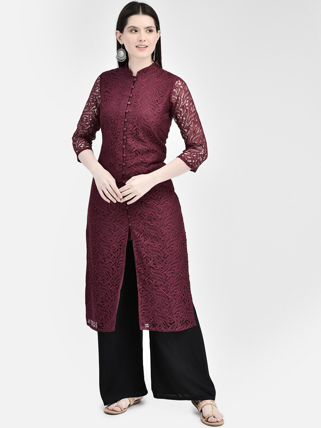 Ojjasvi Floral Woven Design Mandarin Collar Thread Work Straight Net Kurta