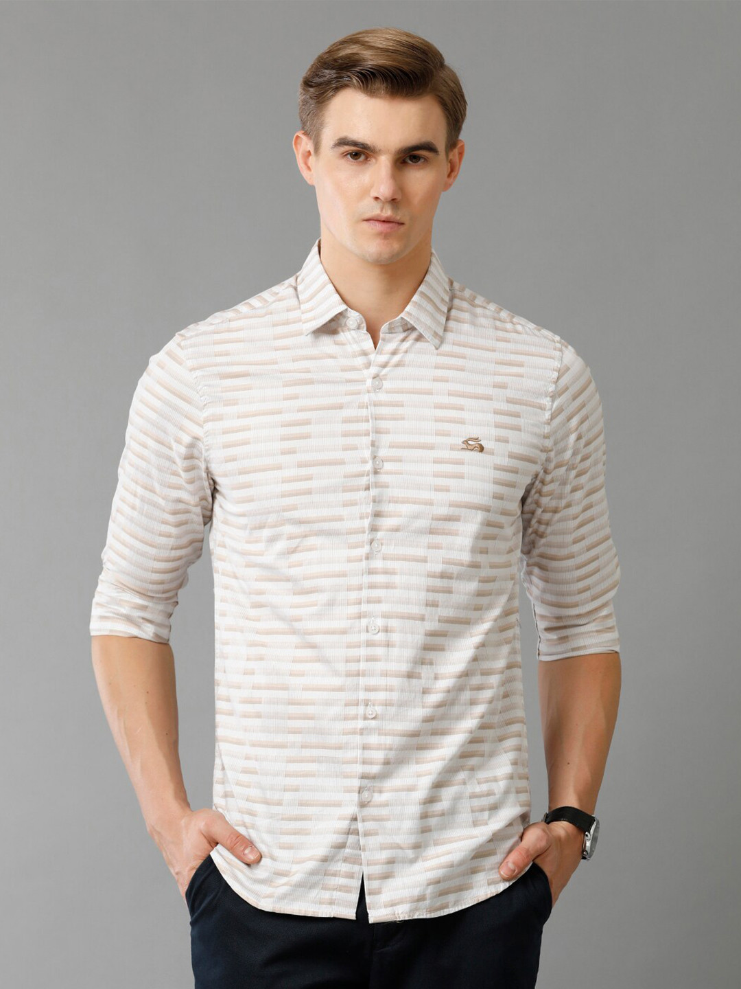 ADRO Standard Slim Fit Horizontal Striped Casual Giza Cotton Shirt