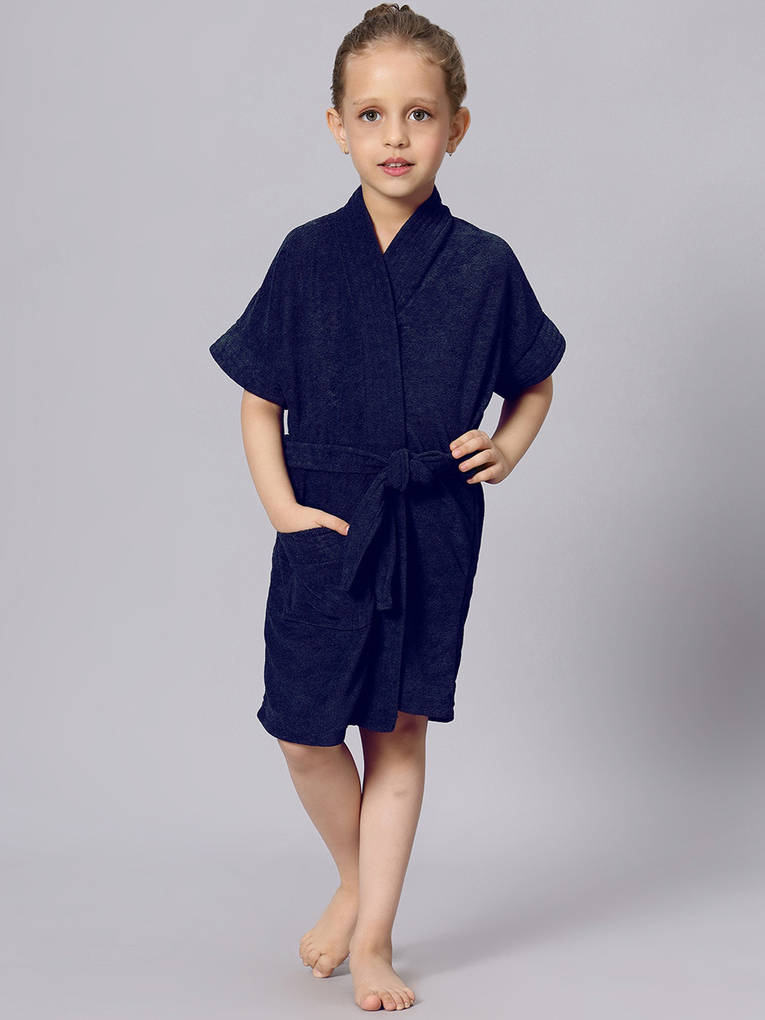 LacyLook Navy Blue Solid Terrycloth Drawstring Knee Length Bath Robe-M