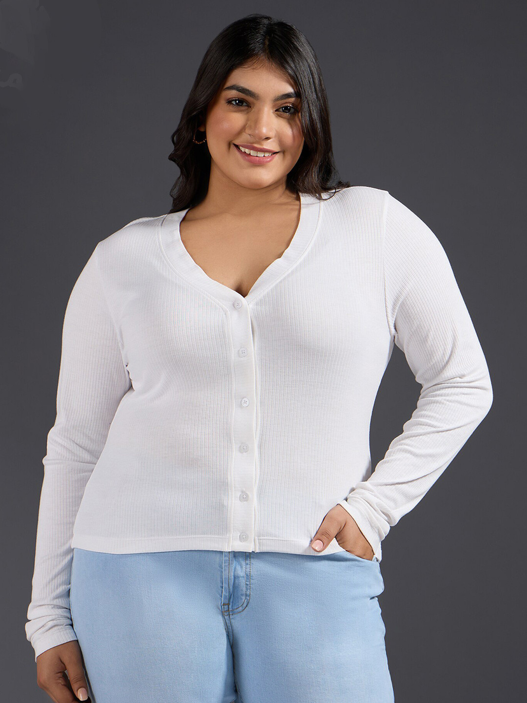 20Dresses Plus Size White V-Neck Long Sleeve Regular Top