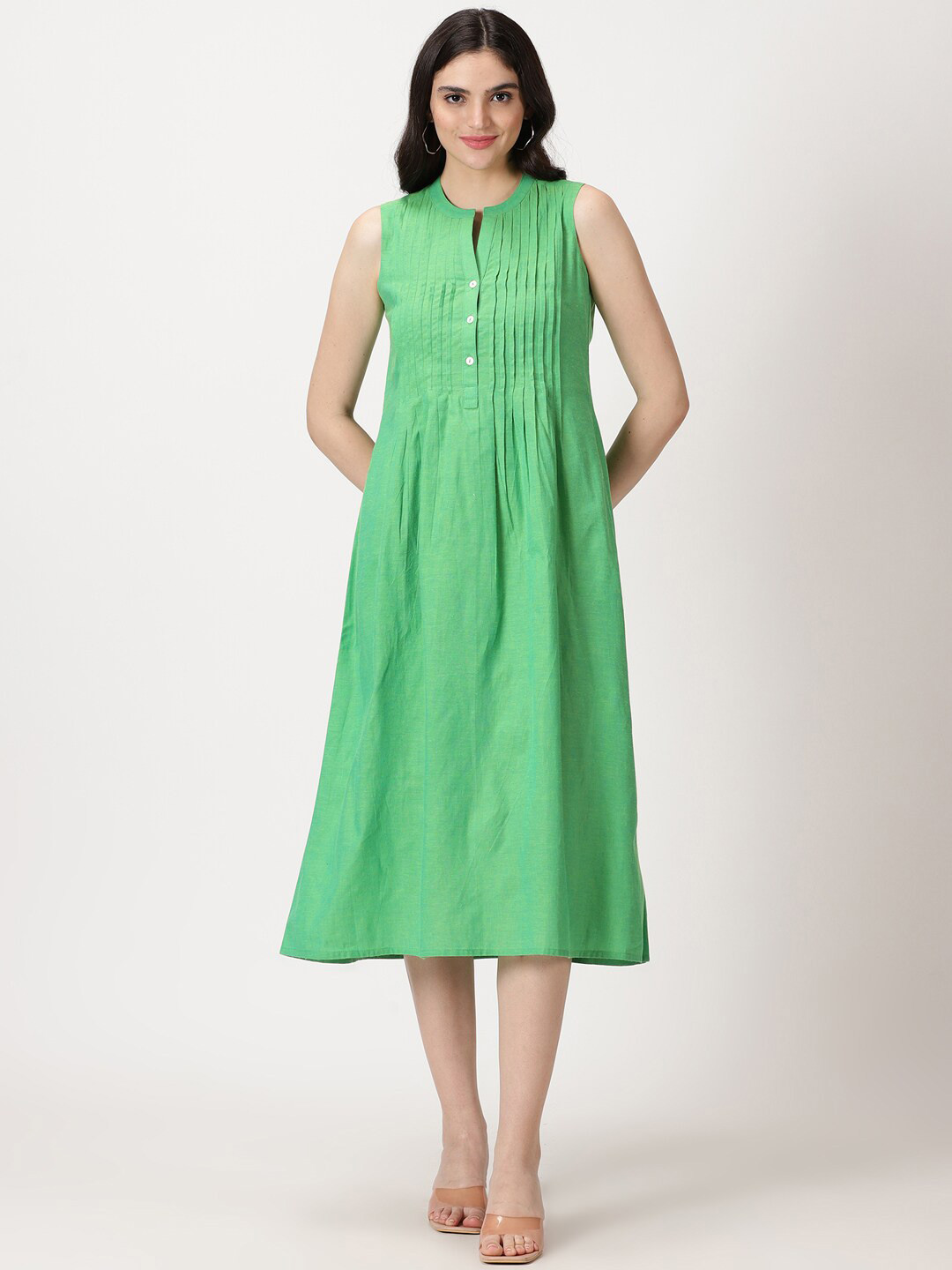 Saffron Threads Mandarin Collar Sleeveless A-Line Pintuck Detail Cotton Midi Dress