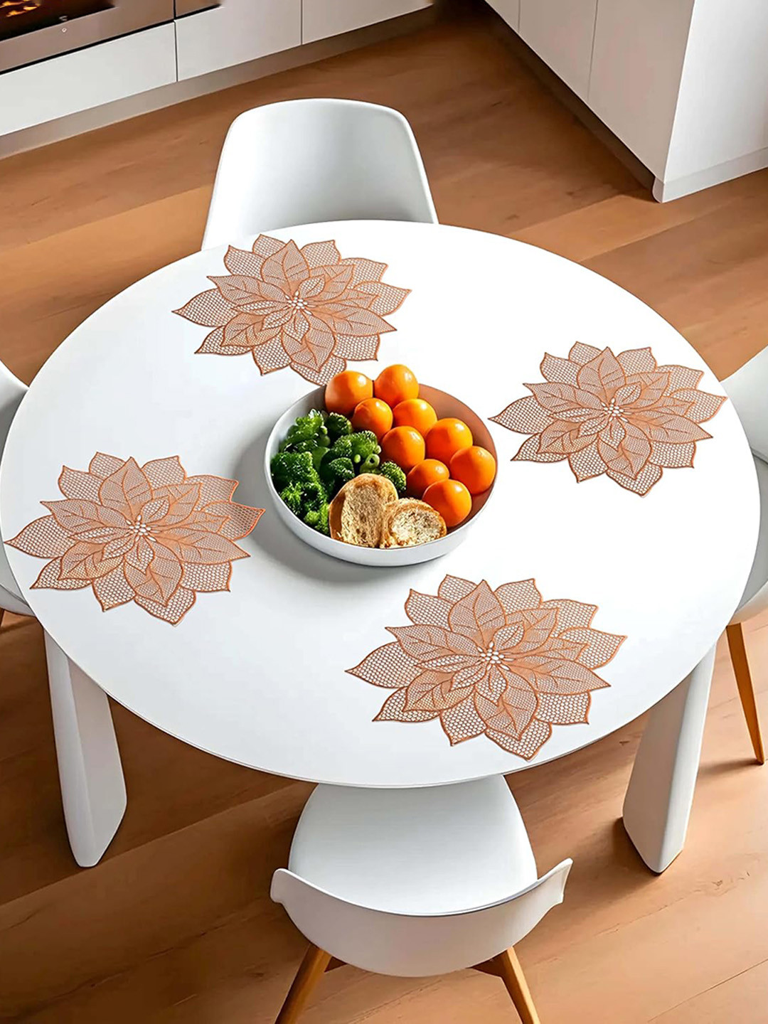 Kuber Industries Beige 4 Pcs Floral-Shaped Stain & Heat Resistant Leather Table Placemats