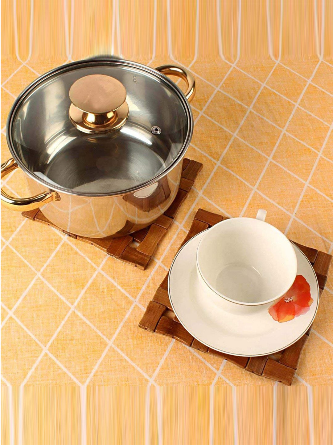 Kuber Industries 6 Pcs Brown Bamboo Heat Pad Trivets