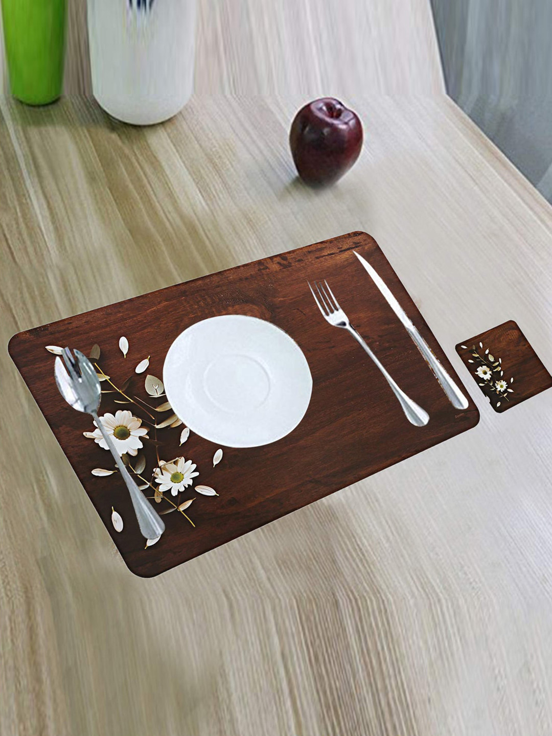 Kuber Industries Set of 6 Brown & White Non-Slip Table Placemats With Tea Coasters