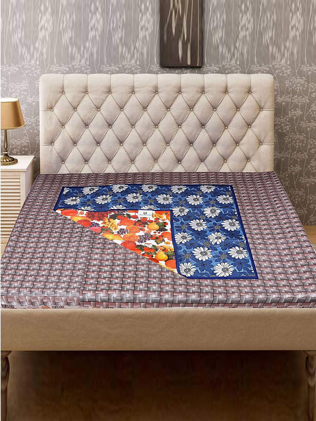 Kuber Industries Blue & Orange Printed Reversible Bed Food Mat
