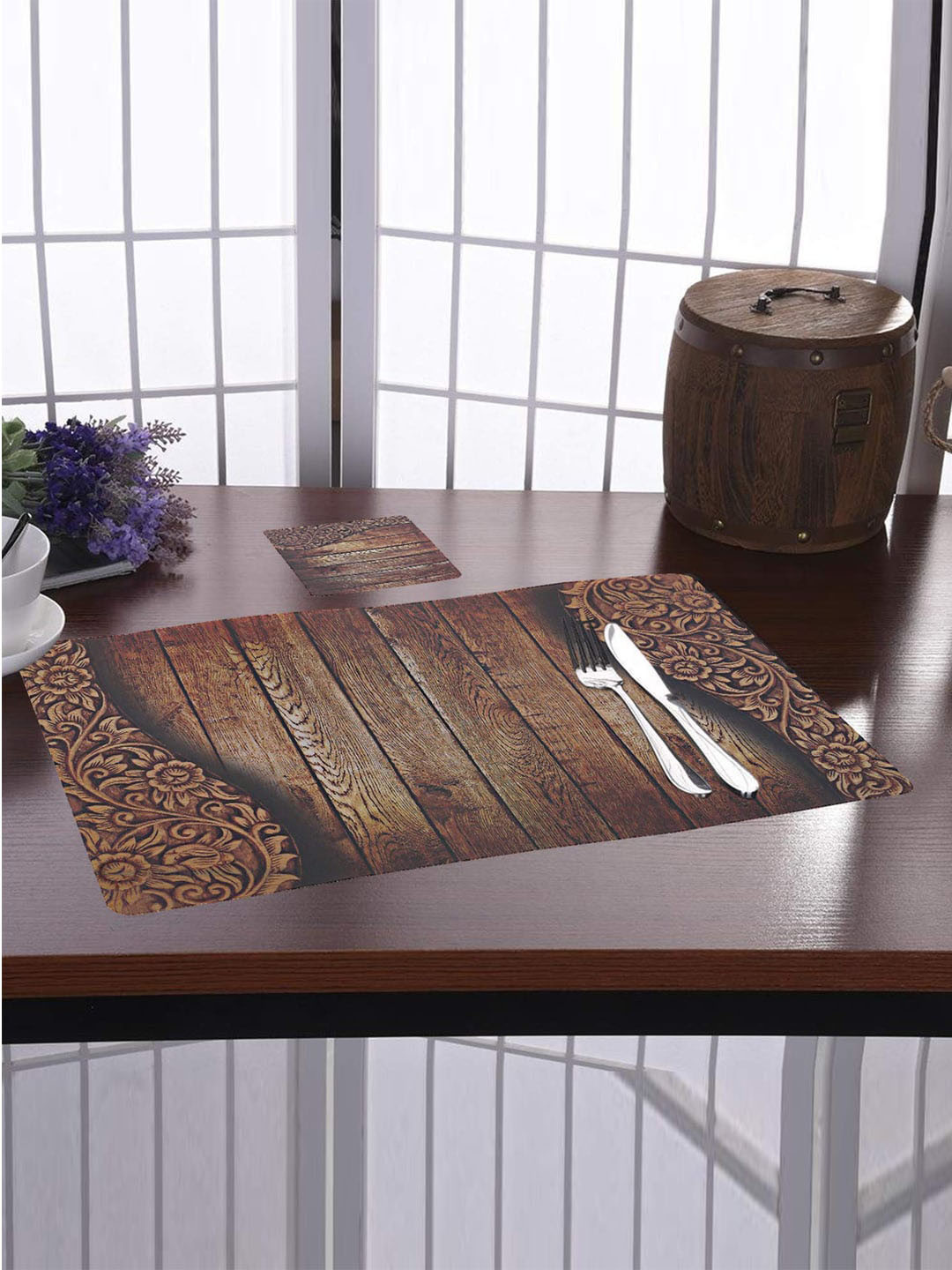 Kuber Industries Brown & White 6 Pcs Set Non-Slip Table Placemats With Tea Coasters