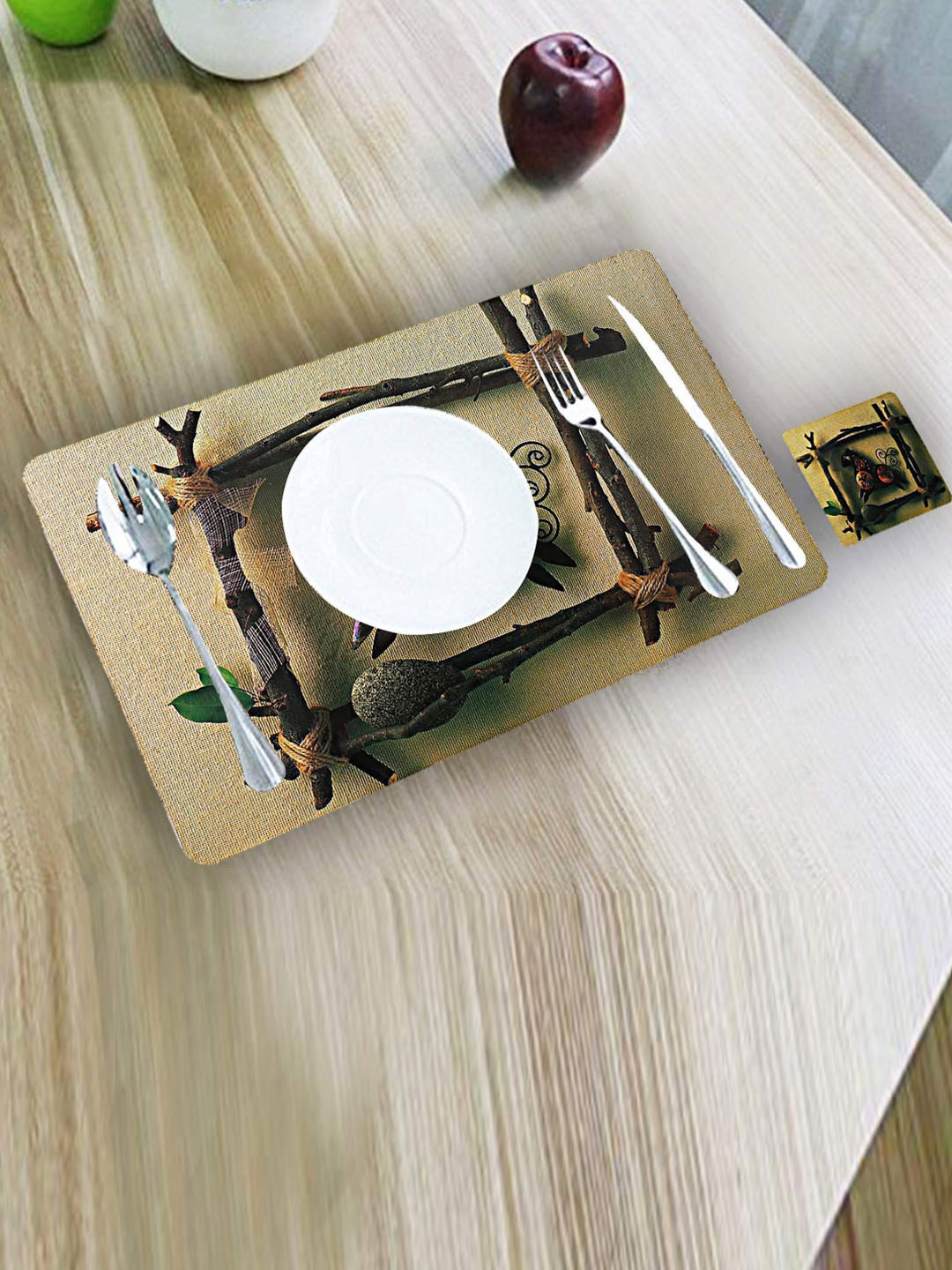 Kuber Industries Beige & Brown 6 Pcs Set Printed Table Placemats With Tea Coasters