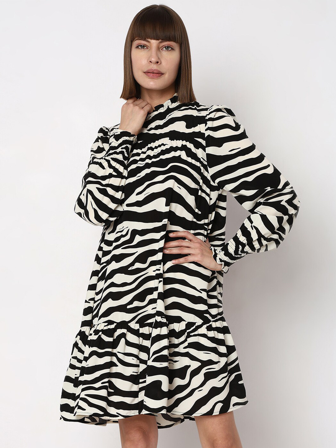 Vero Moda Animal Skin Printed High Neck Smocked A-Line Dress