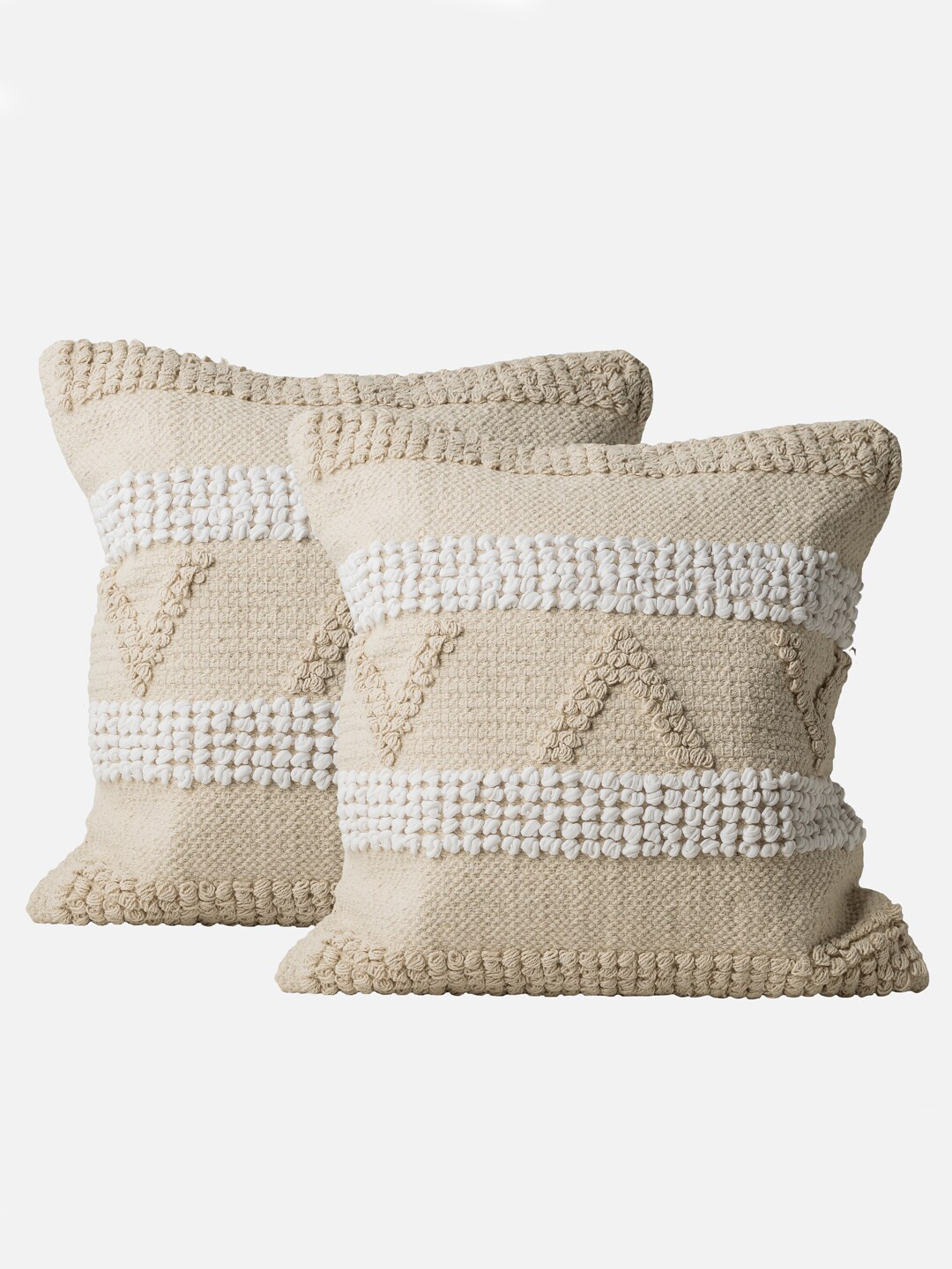 Decazone Beige Geometric Cotton 2 Piece Embroidered Square Cushion Covers -16x16In