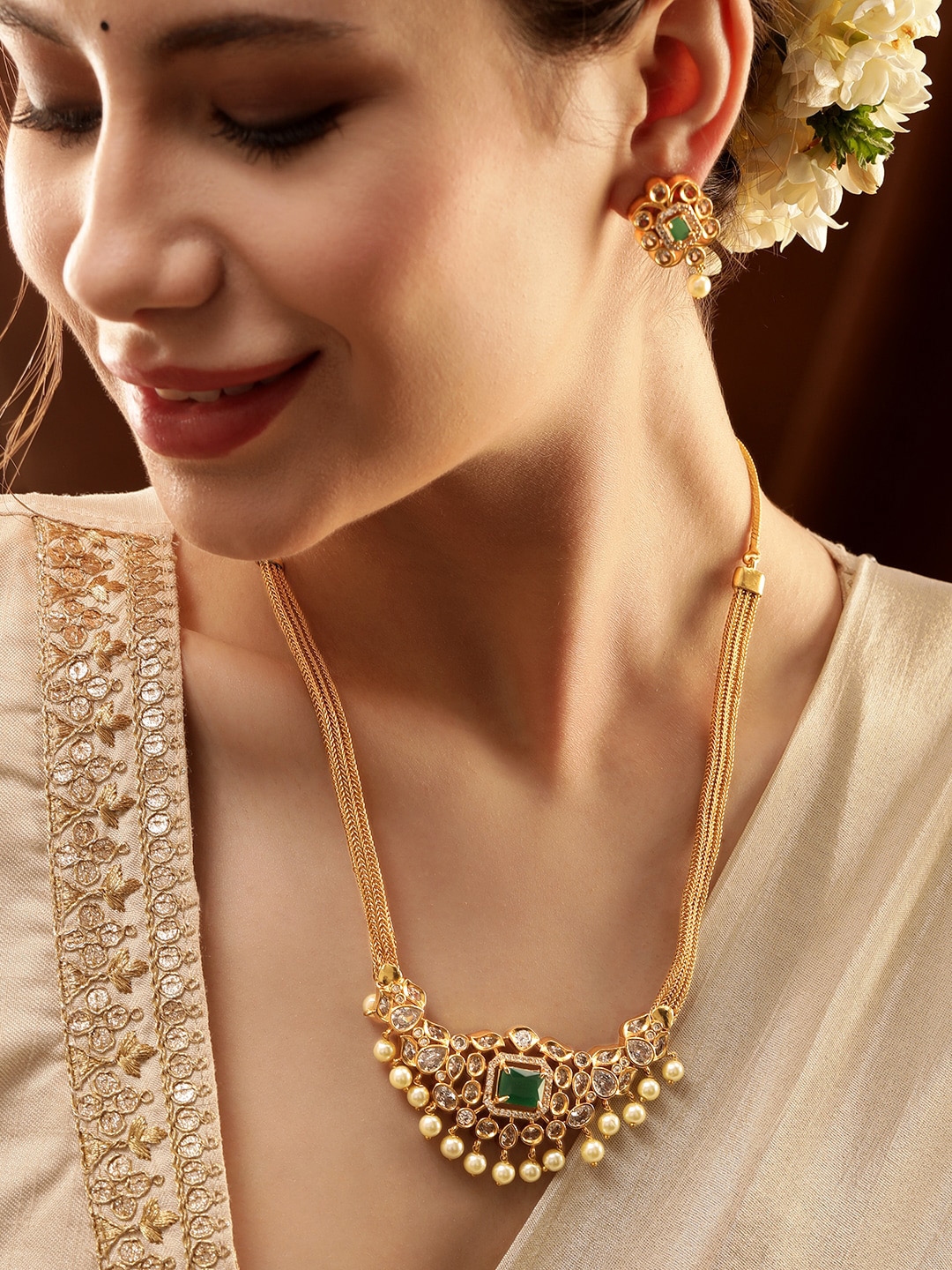 Rubans 22K Gold Plated Emerald & Cubic Zirconia Studded Necklace Set With Pearl Accents - Jewellery Set for Women 25274130 | Myntra