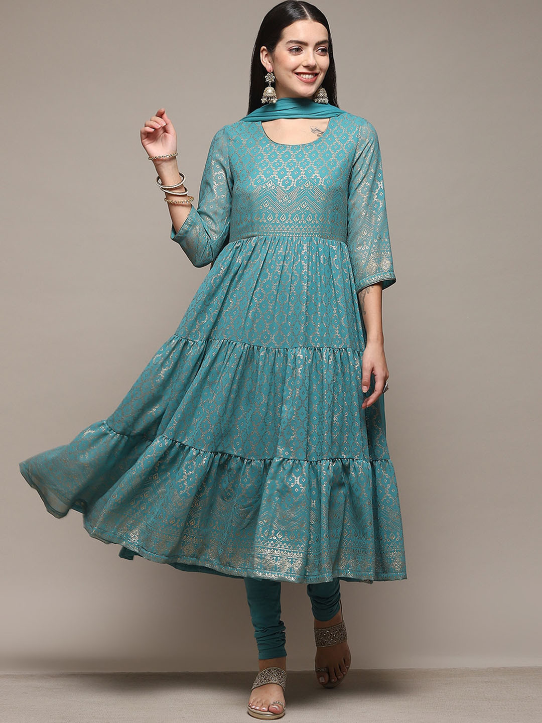 Biba Ethnic Motifs Printed Layered Kurta with Leggings & Dupatta