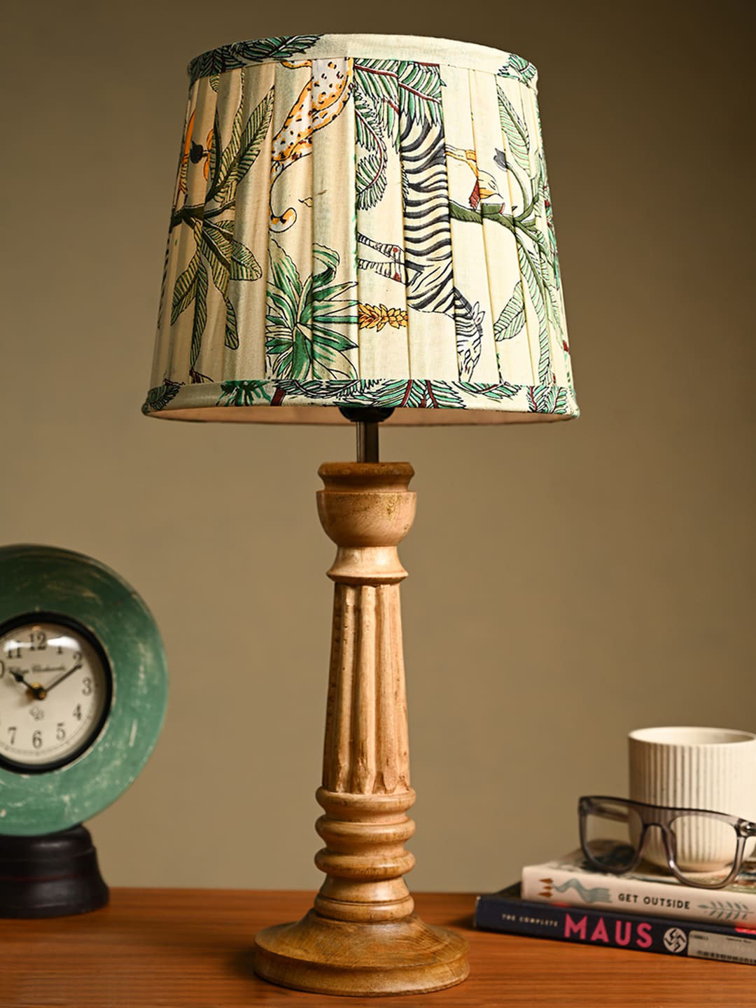 green girgit Brown & Green Floral Printed Pleated Frustum Shape Wooden Base Table Lamp
